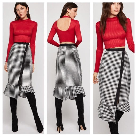 NWT BCBGeneration Gingham Checkered Pencil MIDI Skirt Ruffle Black White Size 2 - Picture 4 of 10